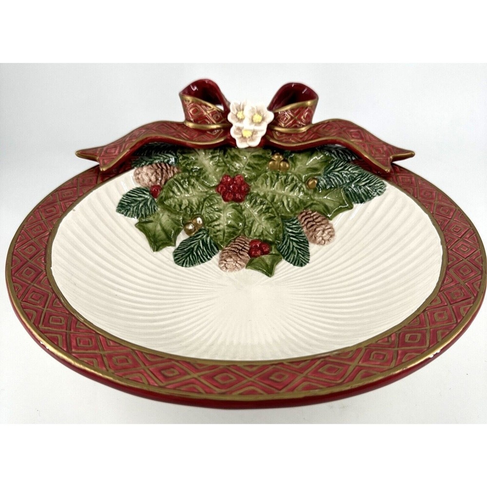 Christmas Dish Bowl Vintage Fitz And Floyd Bow‎ Holly 10 1/2" X 2 3/4" Deep